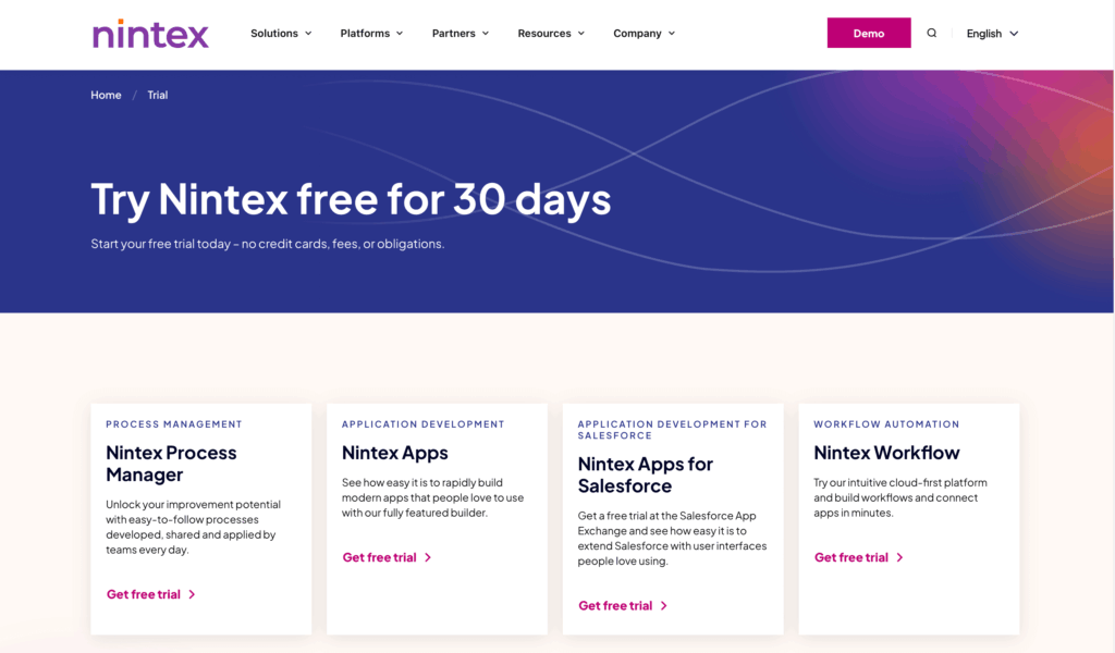 Nintex free trial page offering 30-day trial for various automation tools