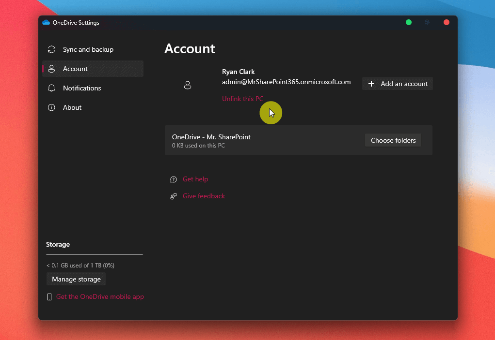 Onedrive account settings unlink option