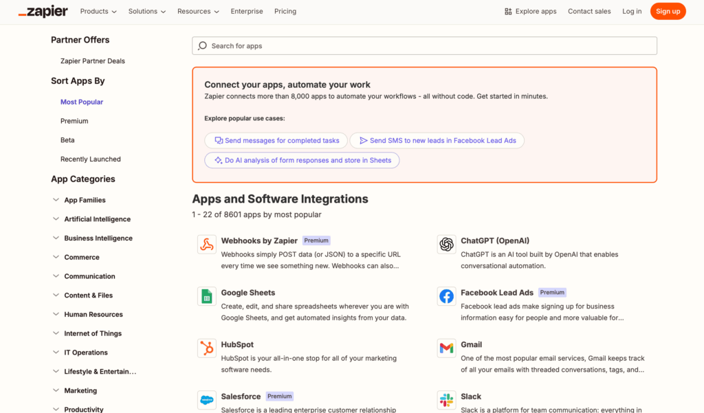 Zapier app integrations list with search and categories