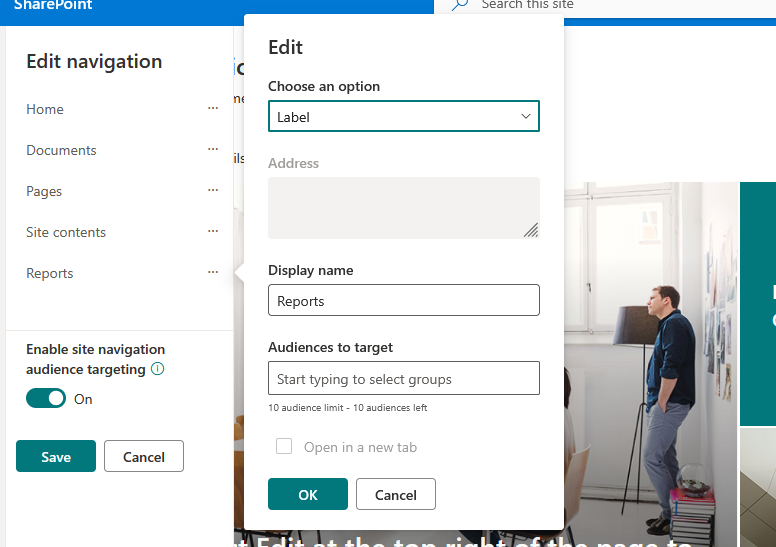 A SharePoint Edit navigation panel is open, showing options to add or edit a site link with fields for label, address, display name, and audiences to target. Save and Cancel buttons are visible on the left.