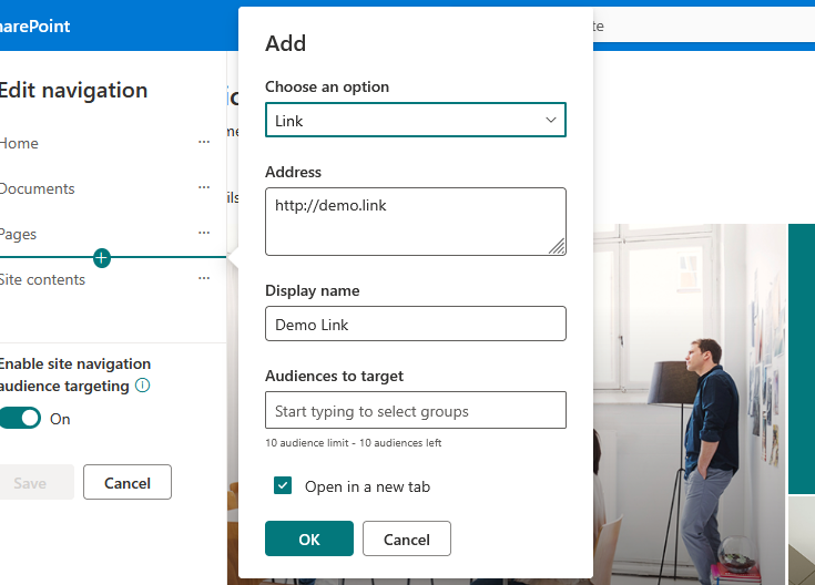 A SharePoint interface showing a pop-up to add a link, with fields for address, display name, and target audience, plus options to open in a new tab and audience targeting on the left panel.