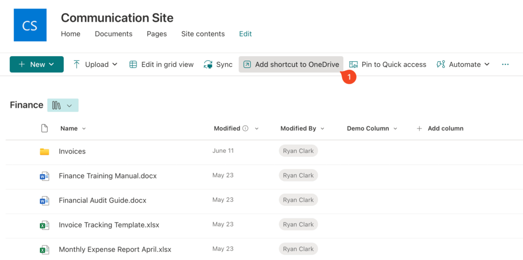 Screenshot of a SharePoint communication site document library showing the finance folder and toolbar option to add shortcut to OneDrive