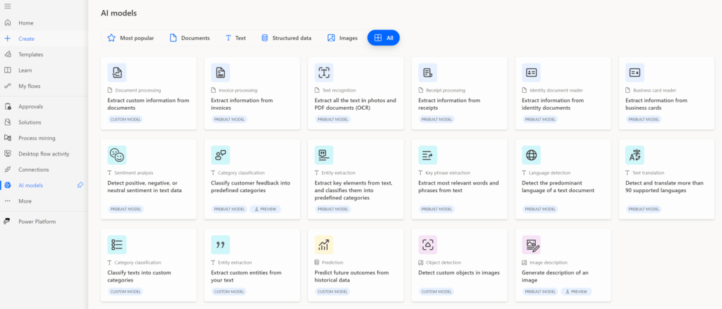 AI models dashboard showing different options for document text and image processing