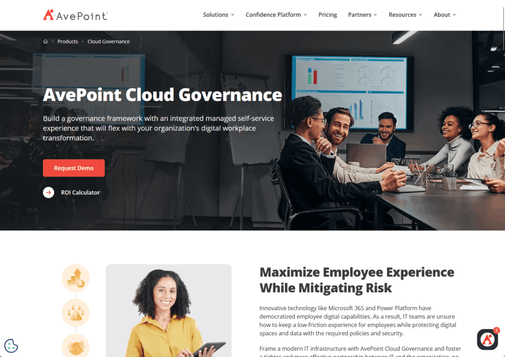 Screenshot of AvePoint Cloud Governance landing page highlighting governance framework, demo request button, and employee collaboration imagery