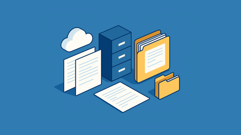 Isometric flat design illustration showing organized document management. The scene includes a white cloud symbol, floating paper documents, a blue file cabinet with drawers, and yellow folders, all arranged neatly on a solid blue background