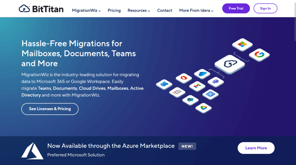 Bittitan homepage showing migrationwiz features