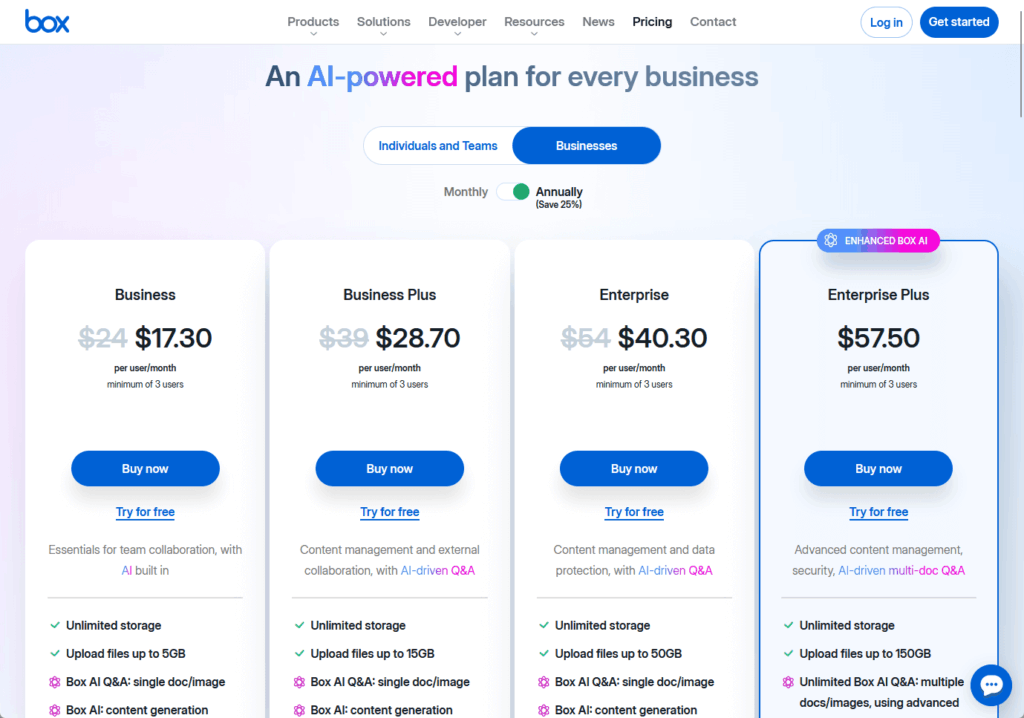 Box pricing plans page showing Business, Business Plus, Enterprise, and Enterprise Plus tiers with discounted annual rates, features like unlimited storage, AI Q&A, and upload file size limits.