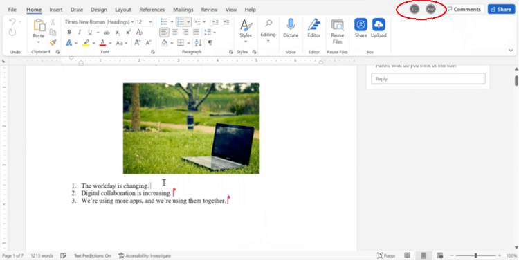 Screenshot of Microsoft Word with Box integration showing a document being co-authored, including collaboration and upload options in the toolbar.