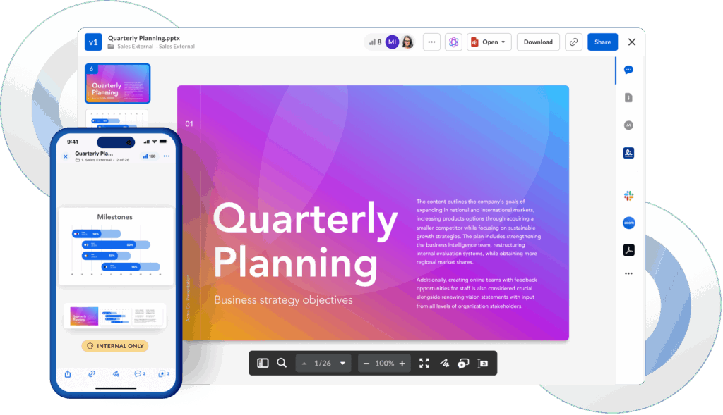 Box interface showing a Quarterly Planning presentation opened on desktop and mobile devices, with options to share, download, and collaborate.