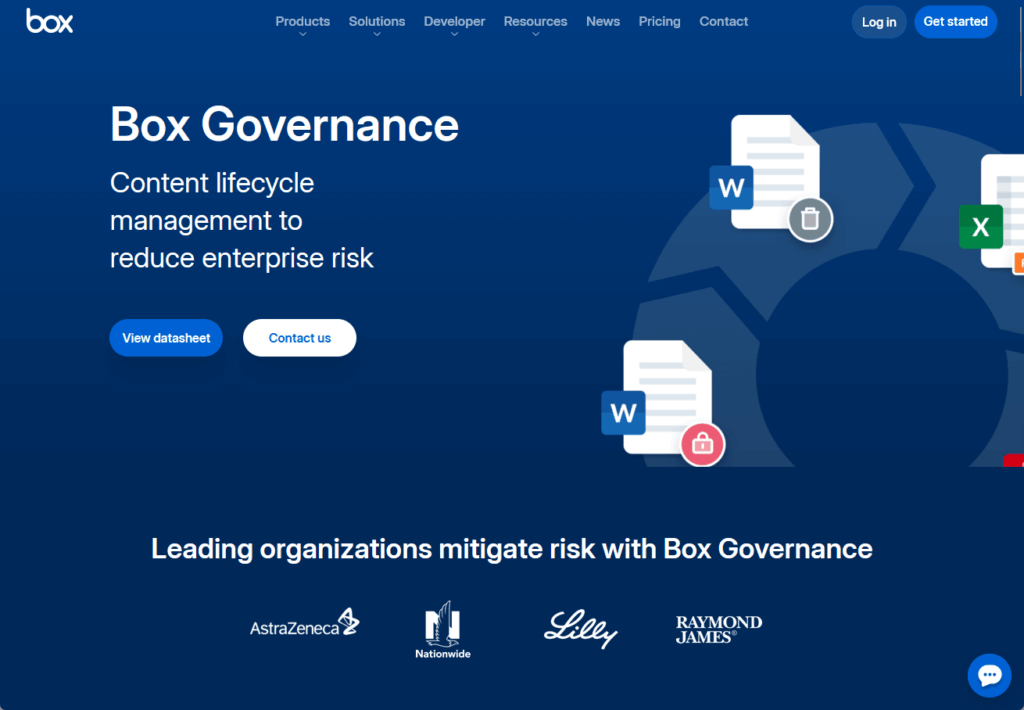 Box Governance landing page promoting content lifecycle management to reduce enterprise risk, with logos of companies like AstraZeneca, Nationwide, and Lilly.