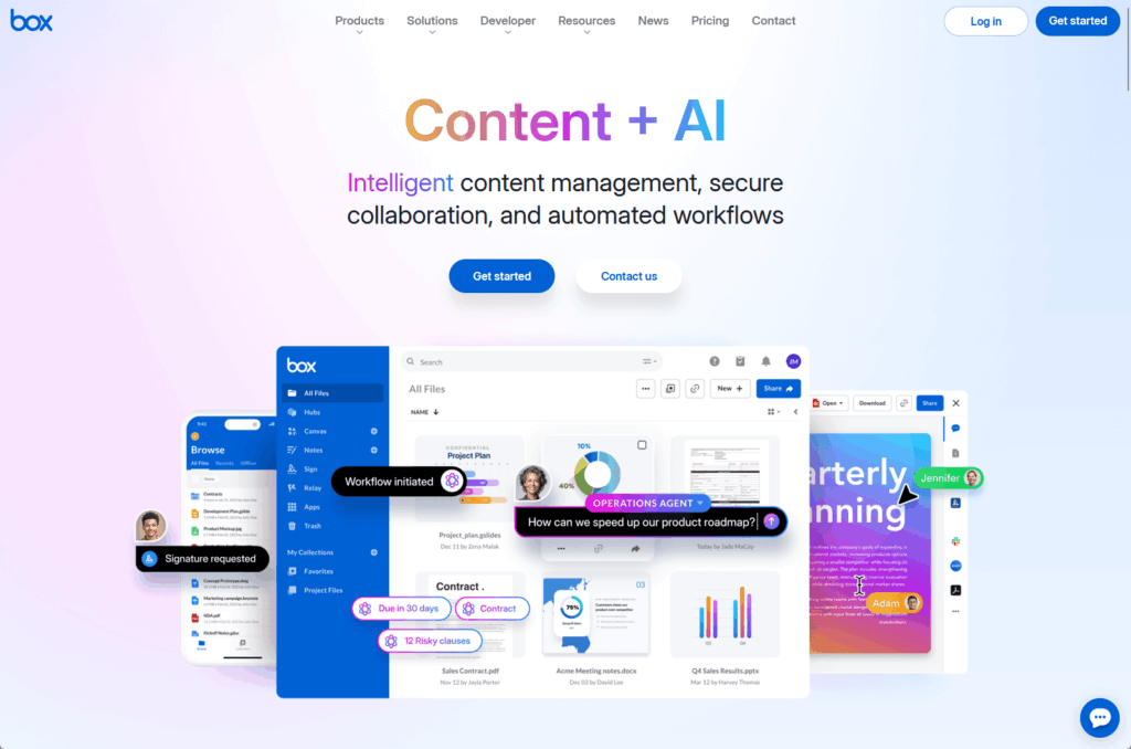Box homepage showcasing Content + AI, intelligent content management, collaboration, and automated workflows with highlighted features like workflow initiation and risky clause detection.