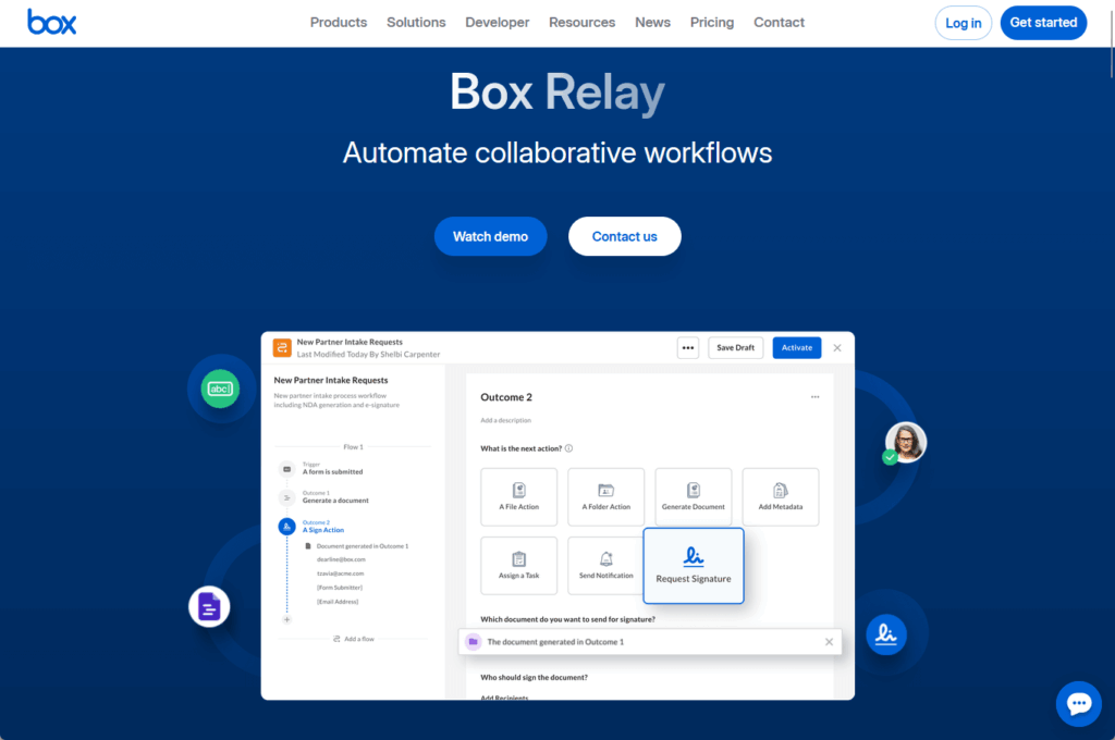 Box Relay landing page showing automated collaborative workflows with a sample workflow interface for partner intake requests and signature requests.