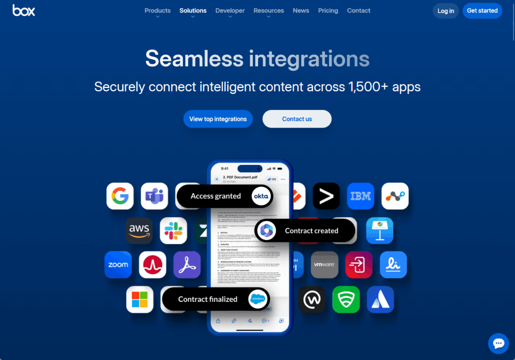Box Seamless Integrations landing page highlighting secure connections with over 1,500 apps, showing logos like Google, Microsoft Teams, AWS, Slack, and Salesforce with an example of a contract creation workflow.