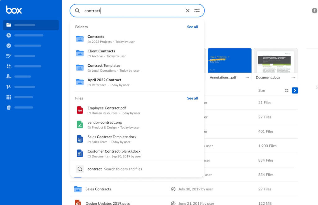 Screenshot of the Box interface showing a search for “contract” with folders and files such as Contracts, Client Contracts, Contract Templates, and Employee Contract.pdf displayed in the search results.