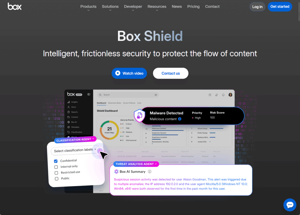 Box Shield landing page highlighting intelligent security to protect content, with a dashboard showing malware detection, risk scores, classification labels, and AI threat analysis.