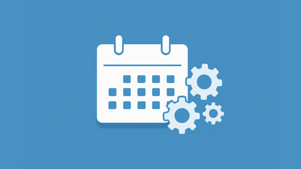 Flat, minimalist illustration of a white calendar icon with a grid of squares and three light gray gear icons on the right side, all on a solid blue background, symbolizing settings or configuration.