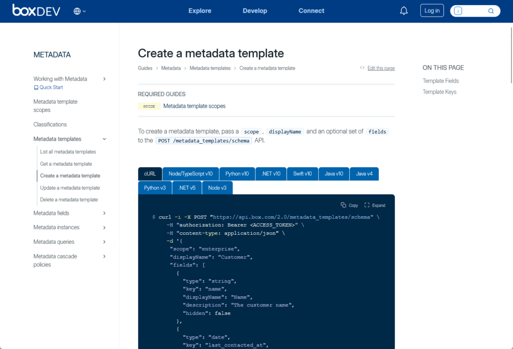 Box Developer documentation page showing instructions for creating a metadata template, including sample API request code in multiple languages like cURL, Python, and Node.