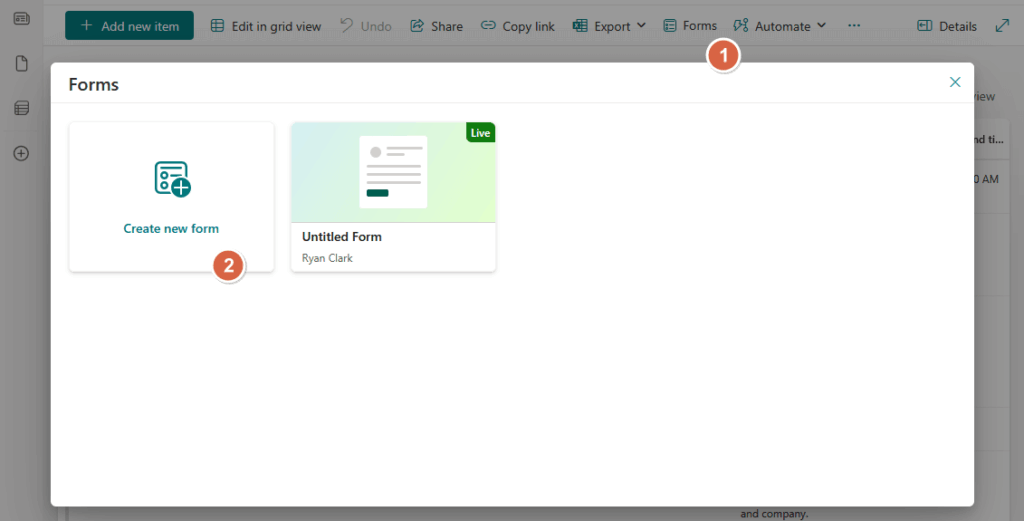Creating a new Microsoft form from a SharePoint list