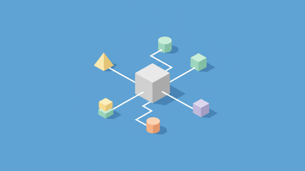 A central white cube connects to various geometric shapes—cylinder, cone, and cubes—by white lines on a blue background, representing a network or system diagram.