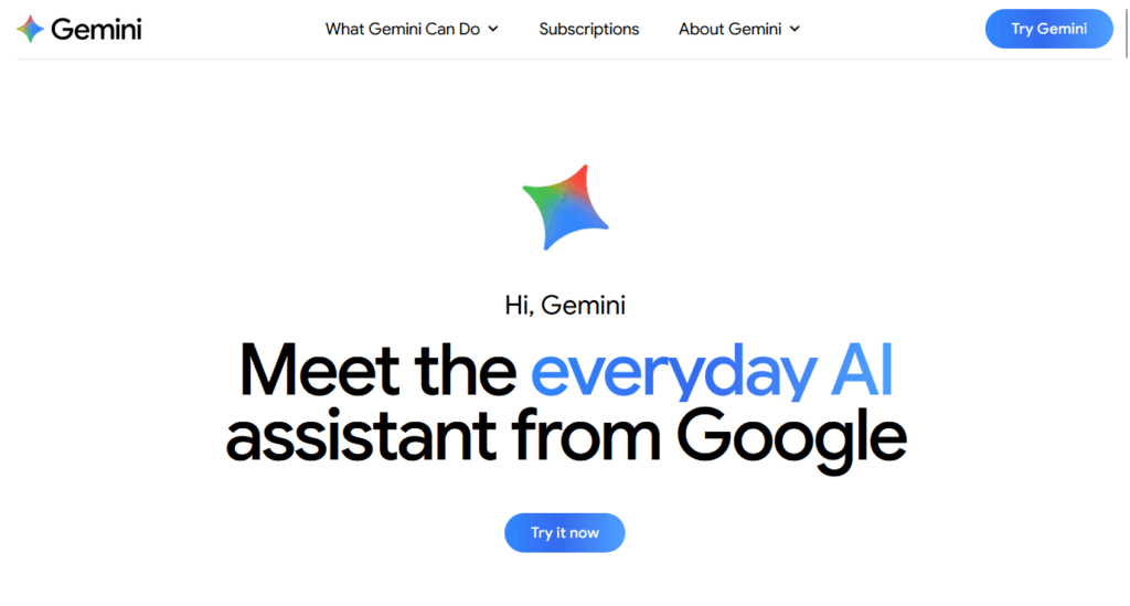 Google Gemini landing page introducing AI assistant