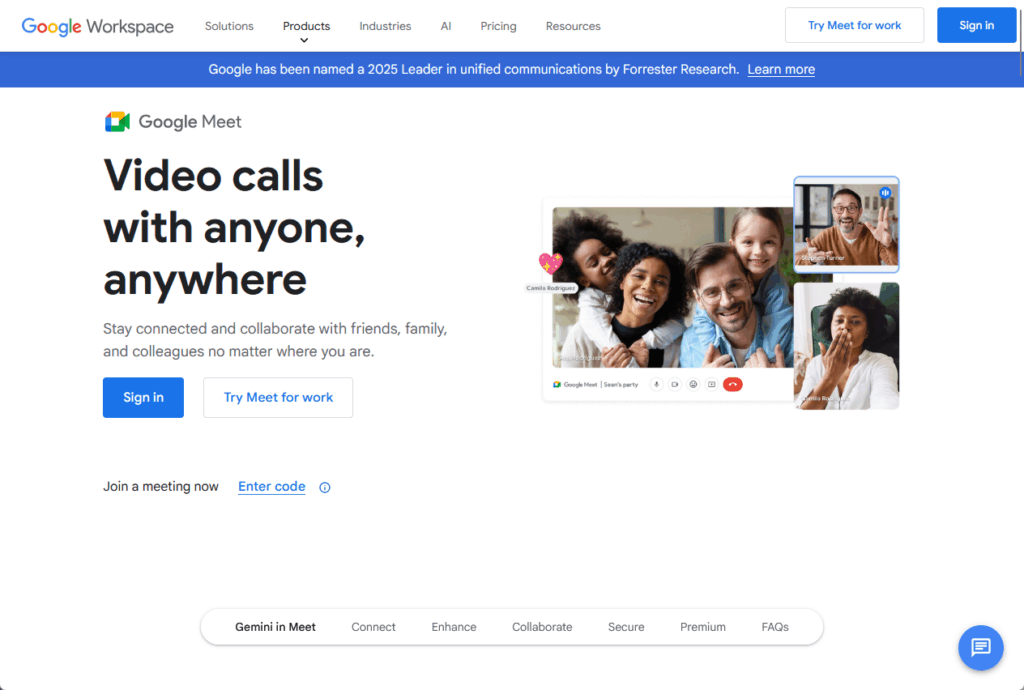 Google Meet homepage highlighting video calls