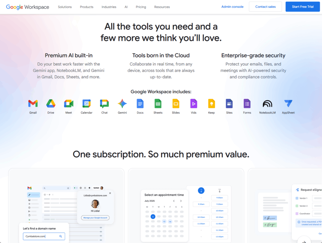 Google Workspace landing page showing available apps