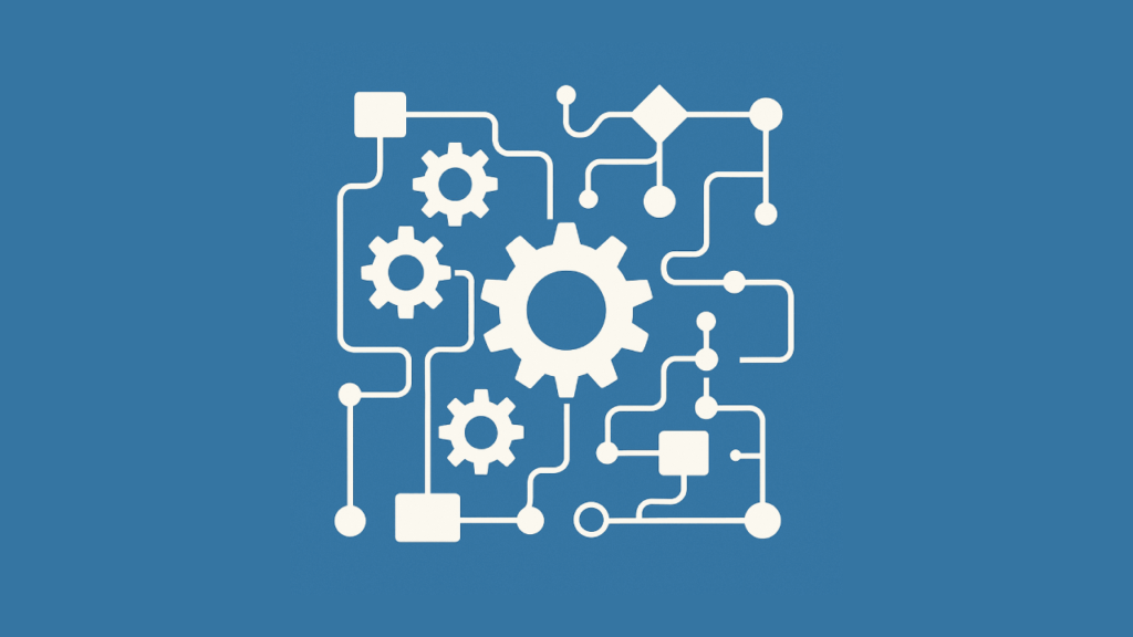 Illustration of workflow automation with gears and connected nodes