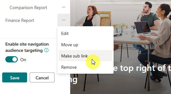 A user hovers over the Make sub link option in a dropdown menu while editing site navigation settings, with the toggle for Enable site navigation audience targeting switched on.