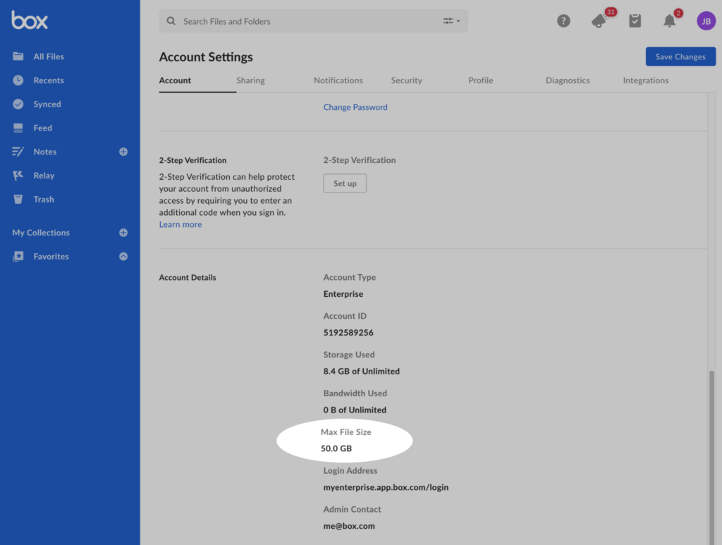 Screenshot of Box account settings showing account details including account type, storage used, and maximum file size limit of 50.0 GB.