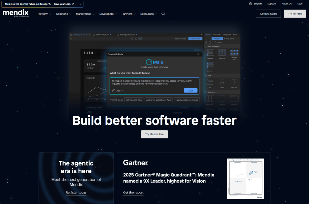 Mendix homepage emphasizing fast software building with AI assistant Maia