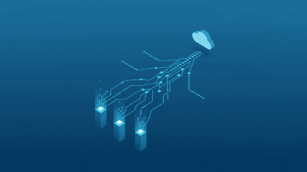 Digital cubes flowing into cloud illustrating data migration