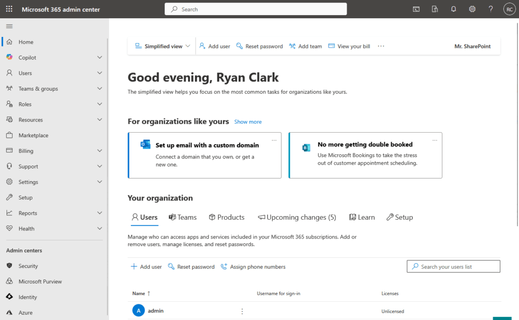Microsoft 365 Admin Center dashboard
