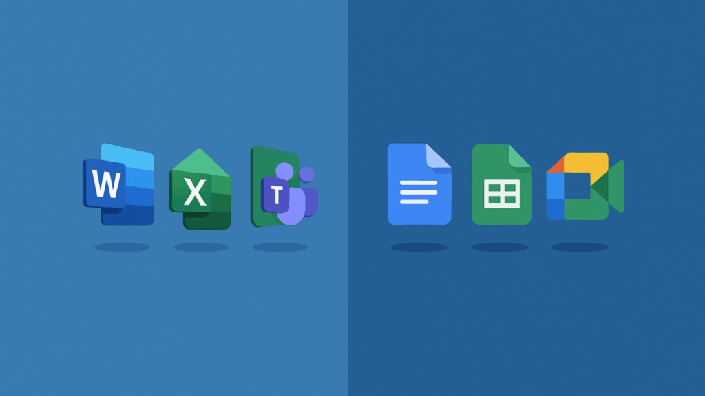 Microsoft 365 vs Google Workspace icons split on a blue background