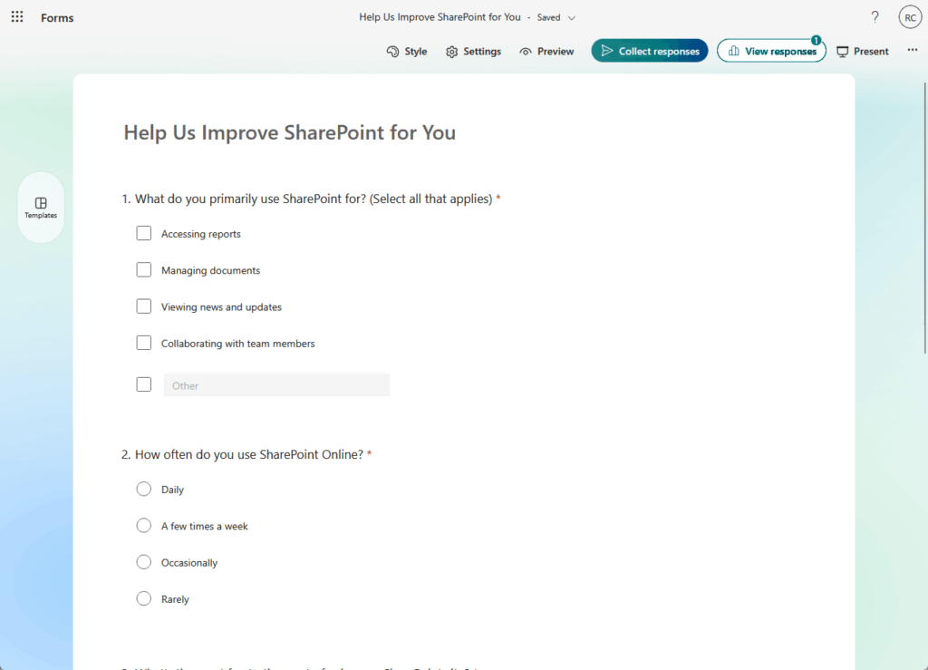 Microsoft Forms survey about SharePoint usage