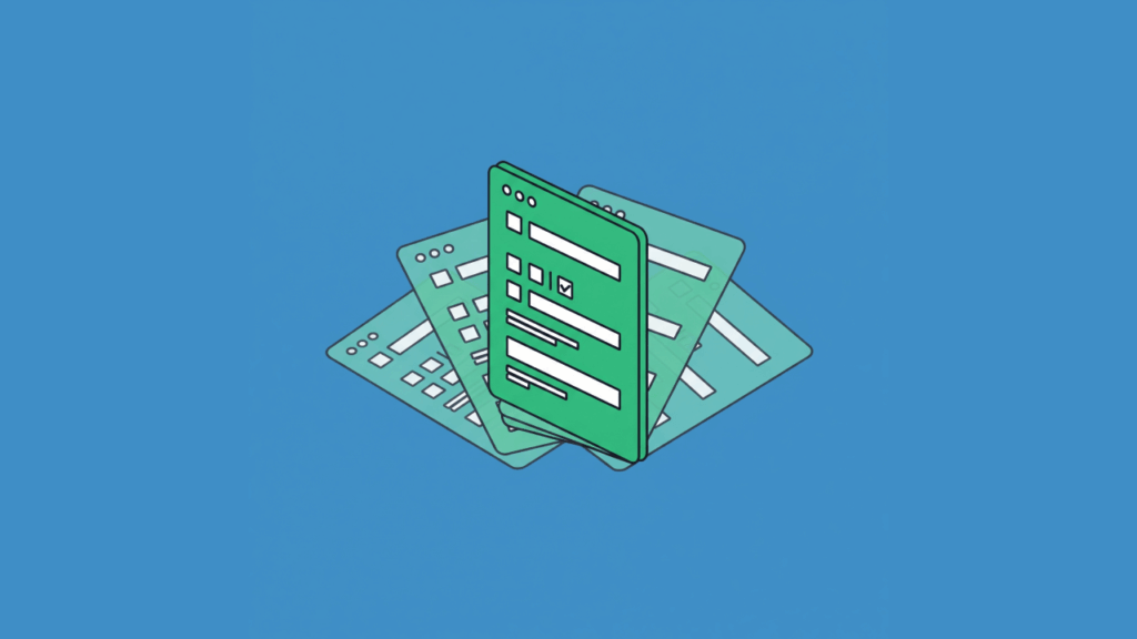 Illustration of a green Microsoft Form template stacked in front of faded duplicates on a solid blue background