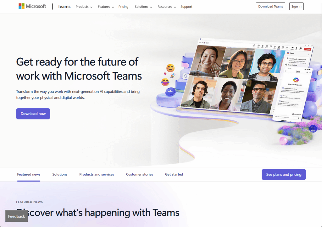 Microsoft Teams landing page highlighting future of work