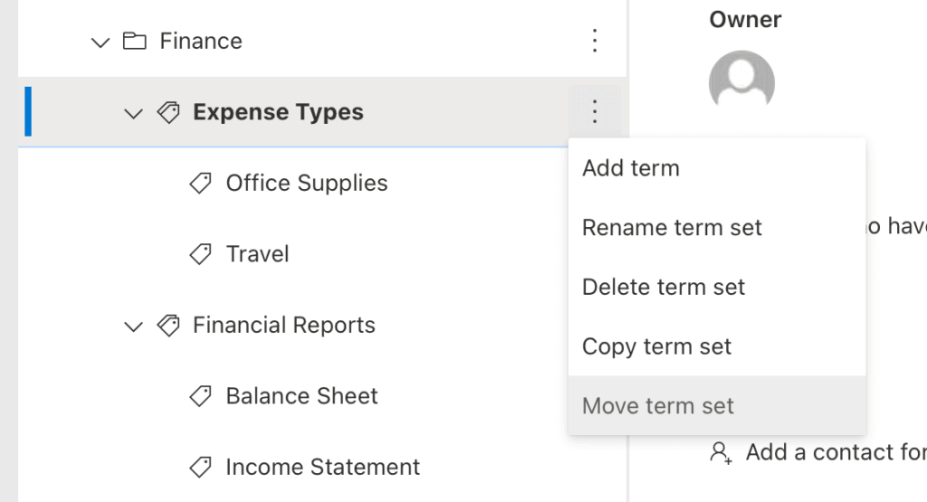 A screenshot of a finance management interface shows Expense Types selected, with options like Office Supplies and Travel. A dropdown menu offers actions such as Add, Rename, Delete, Copy, and Move term set.