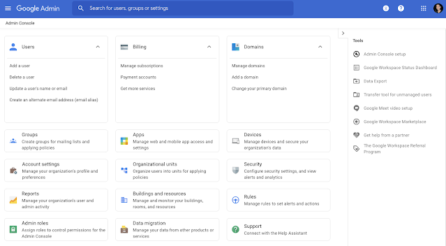 Google Admin Console dashboard with tools and settings