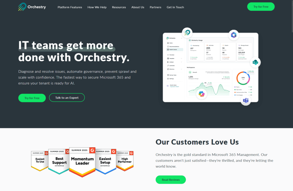 Screenshot of Orchestry home page featuring Microsoft 365 management, governance automation, badges for awards, and customer testimonials