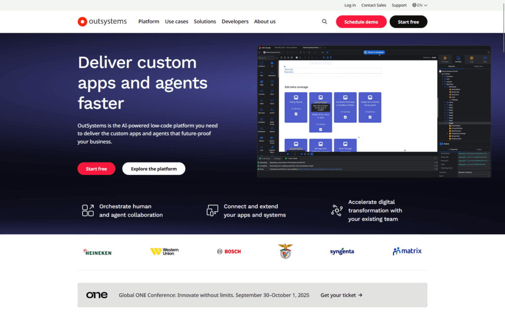 OutSystems homepage promoting AI-powered low-code platform for custom apps