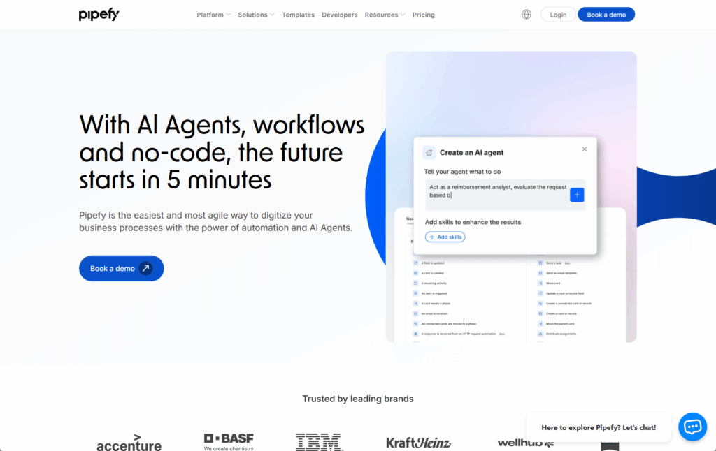 Pipefy homepage featuring AI agents and no-code workflow automation