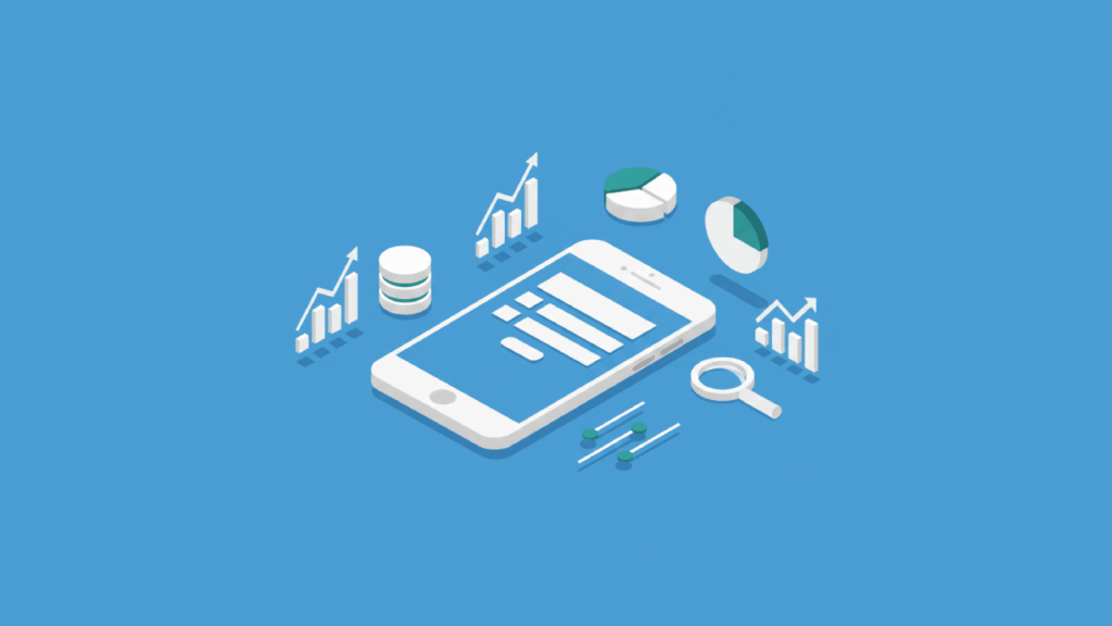 An isometric, flat-design illustration on a solid blue background. A white smartphone displaying a form is centered horizontally. Symmetrically arranged around the phone from left to right are various data-related icons: an ascending bar chart, a cylindrical database, a pie chart, a magnifying glass, and another ascending bar chart, all in shades of white and teal. The overall image has a clean, minimalist style with no text or gradients