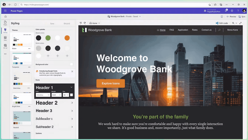 Power Pages editor showing styling options and a website preview for woodgrove bank