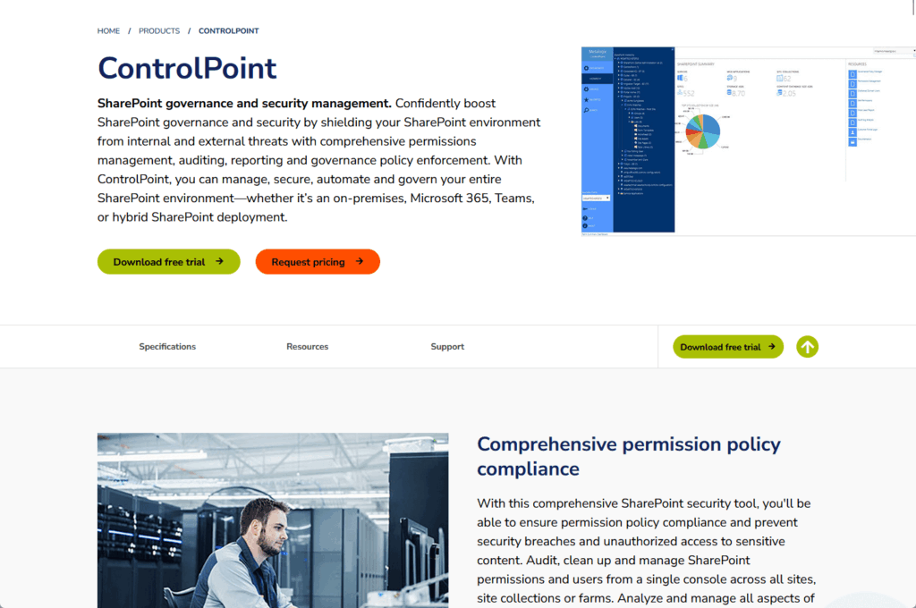 Screenshot of Quest ControlPoint landing page showing SharePoint governance and security management features with free trial and request pricing options