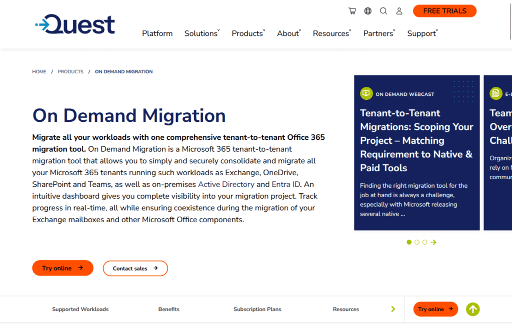 Quest homepage showing on demand migration service