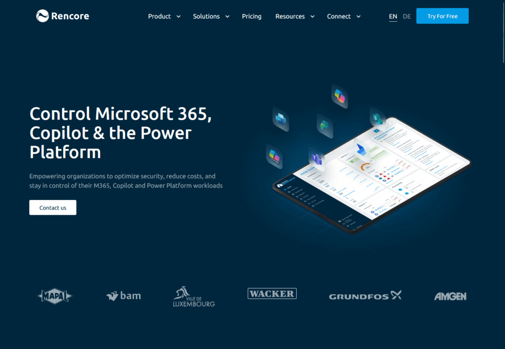 Screenshot of Rencore home page showcasing Microsoft 365, Copilot, and Power Platform governance solutions with partner logos and contact options