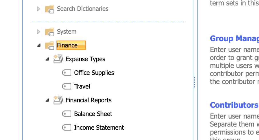 A computer screen shows a directory tree under System with Finance highlighted, and subcategories: Expense Types (Office Supplies, Travel) and Financial Reports (Balance Sheet, Income Statement).
