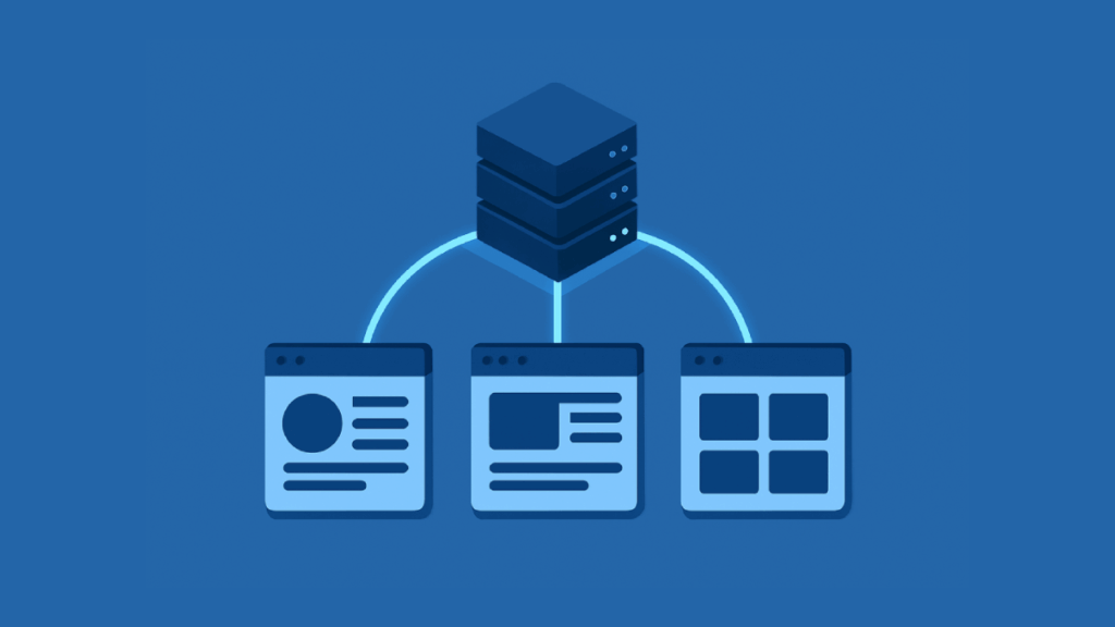 Illustration of a server connected to three web browser windows, signifying data distribution or networked web applications, all in shades of blue.