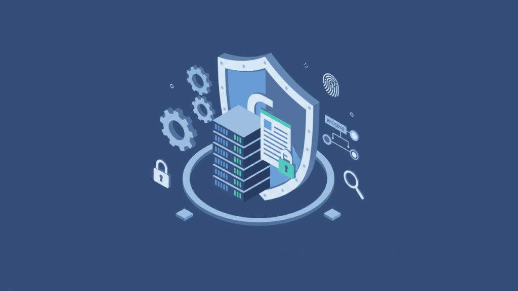 Illustration of data governance and security concept with server racks, shield, gears, lock icons, fingerprint, and process diagram on a blue background