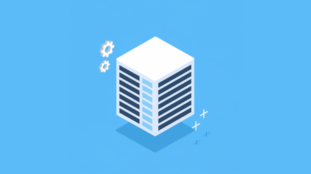 Isometric flat design illustration of a database-like structure with stacked rows, gear icons, and plus signs on a blue background, representing a SharePoint list concept.